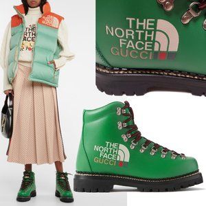 GUCCI BOOTS X NORTH FACE GREEN LEATHER LACE-UP ANKLE BOOTIES